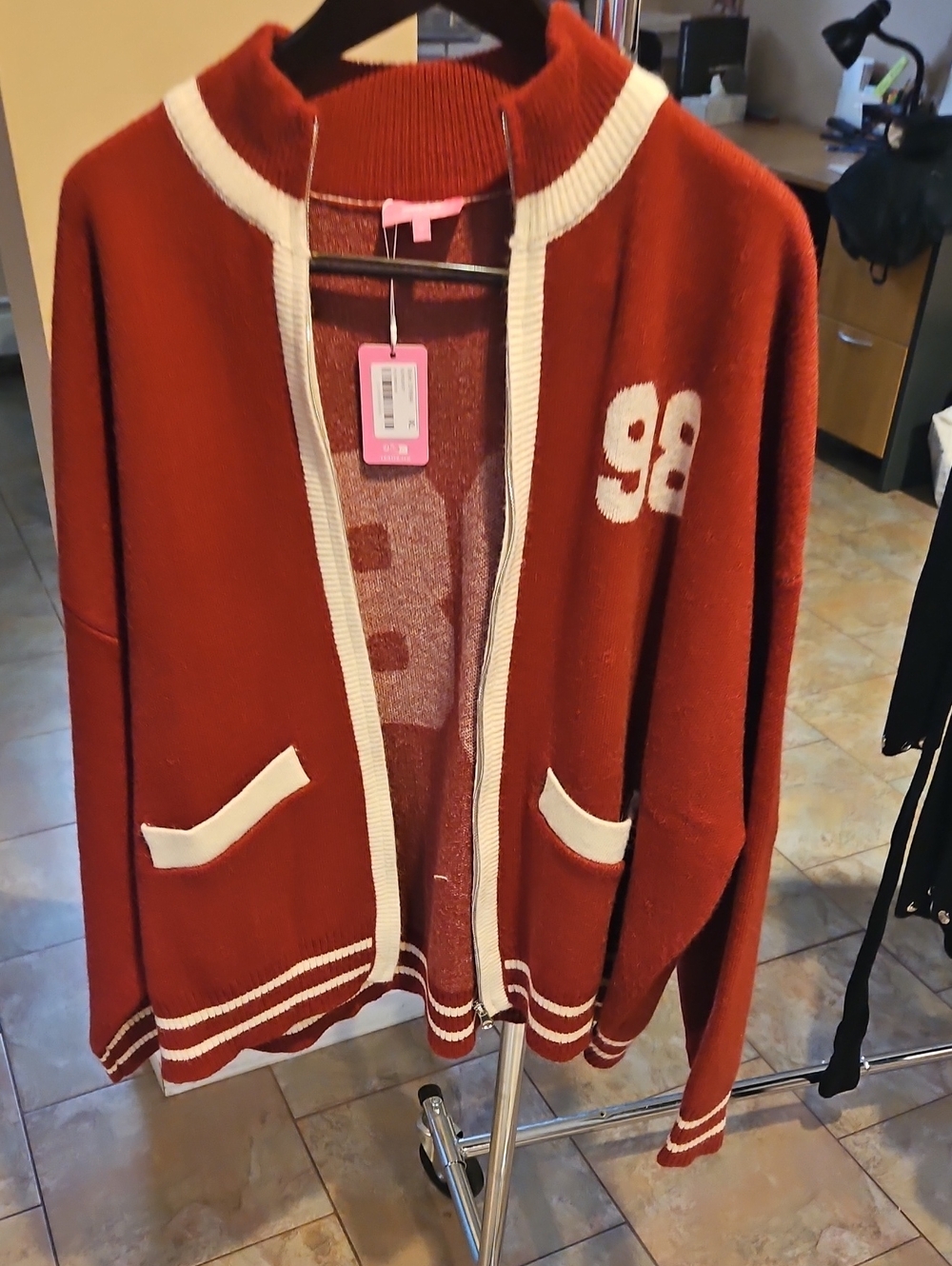 Red Varsity-Style Women's Sweater Cardigan with White Trim